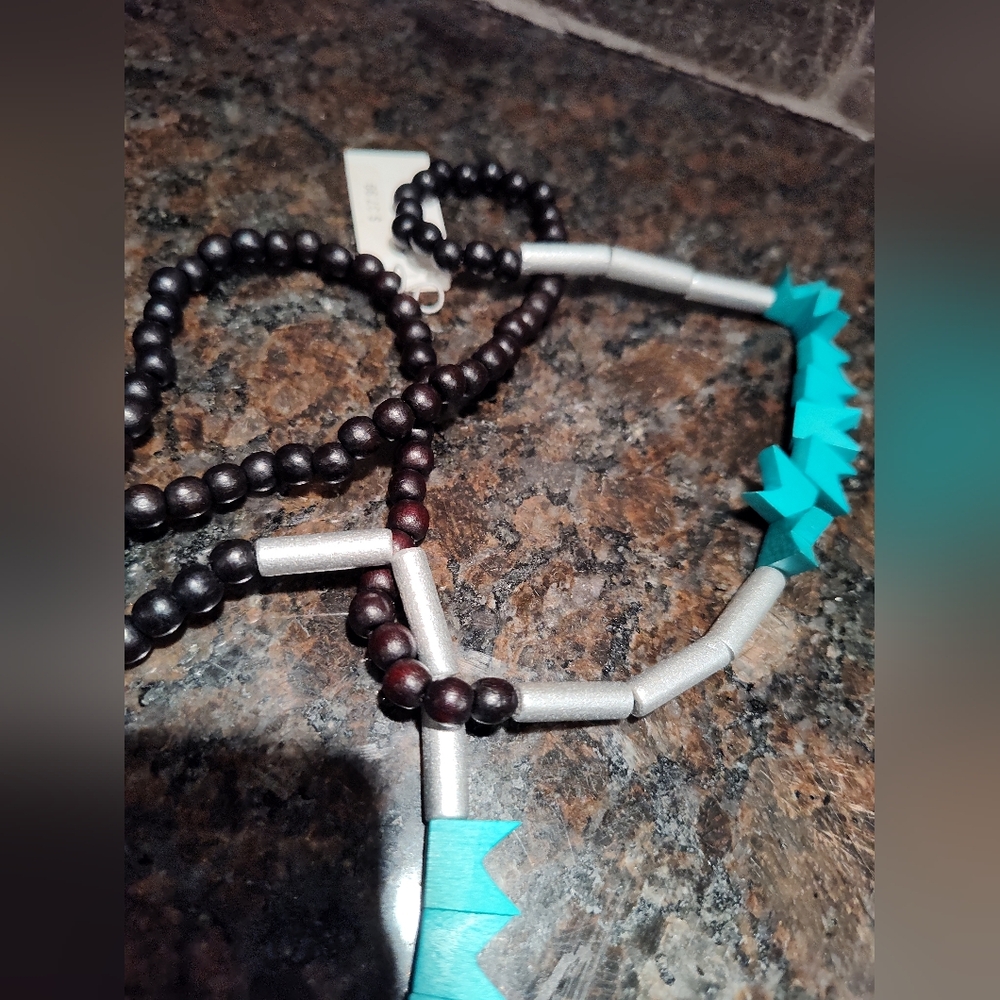 Wooden Painted Beaded Necklace, Black, Silver, Turquoise Beads, 40 Inch - Picture 3 of 4
